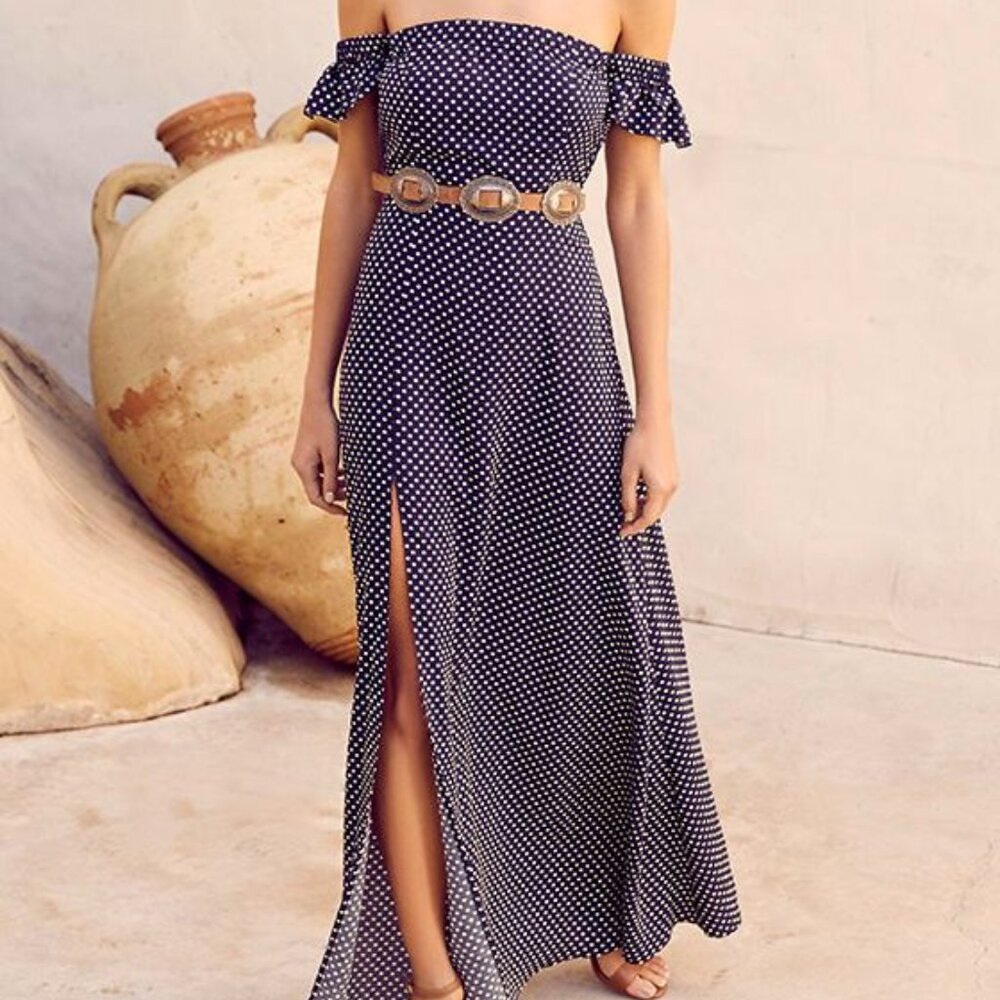 Lulus Dream Love Navy Blue Polka Dot Off-the-shoulder Maxi Dress - Size X-Small